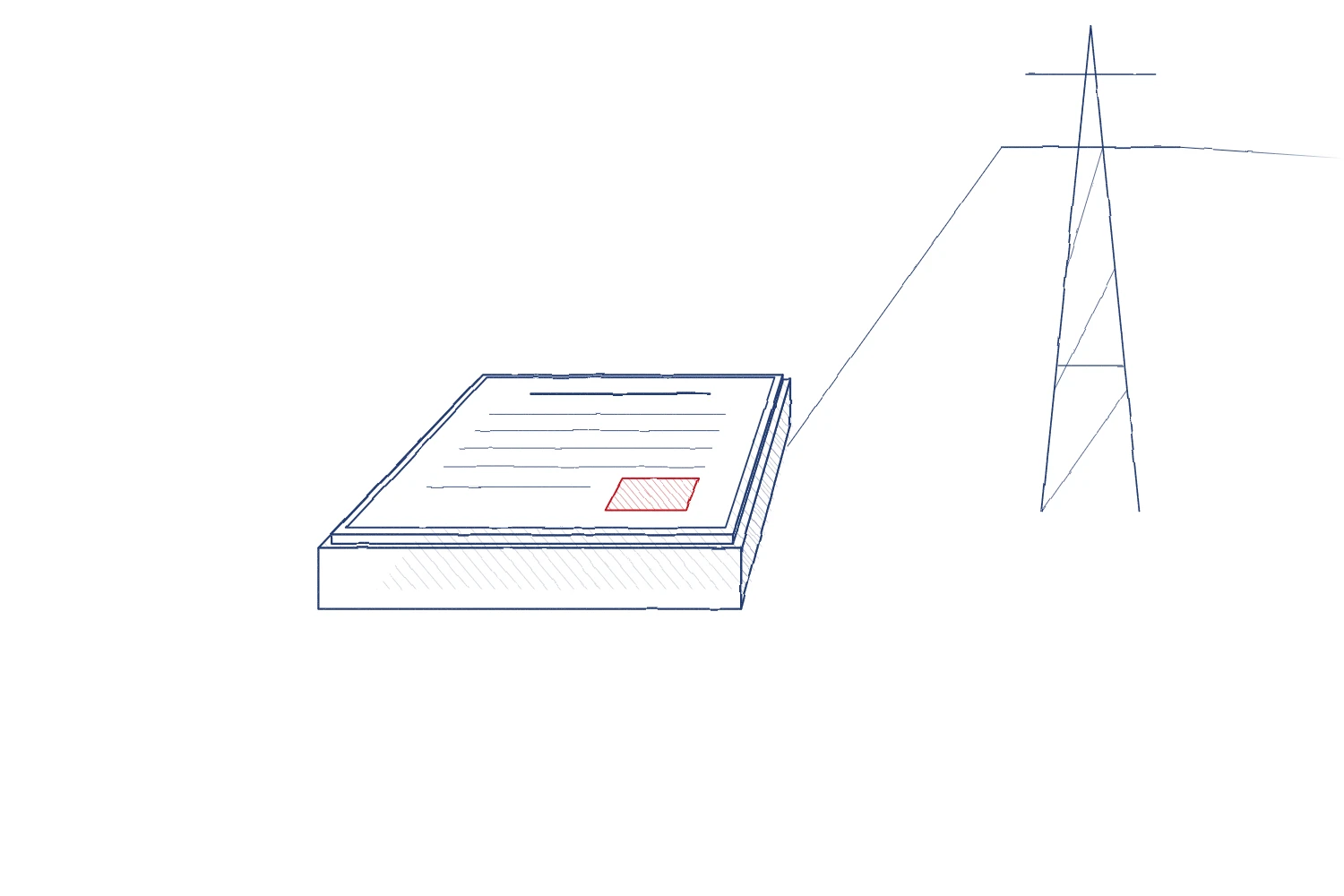 Bleistiftzeichnung: Register und Strommast