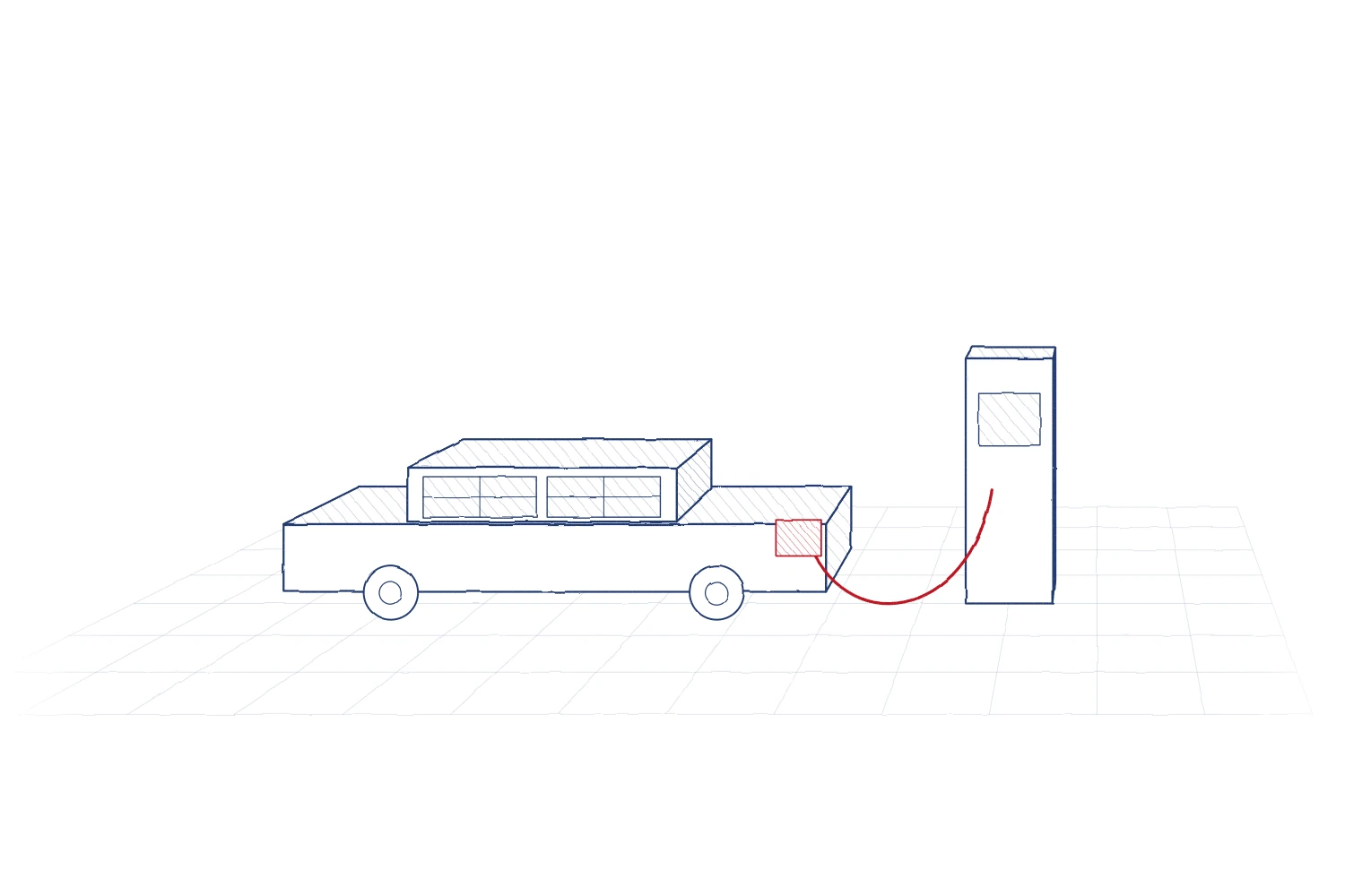 Bleistiftzeichnung: E-Auto an der Ladesäule