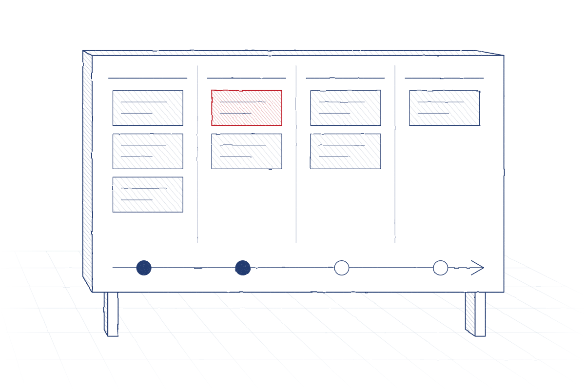 Pencil drawing: planning board with cards in columns and a timeline, one card marked in red
