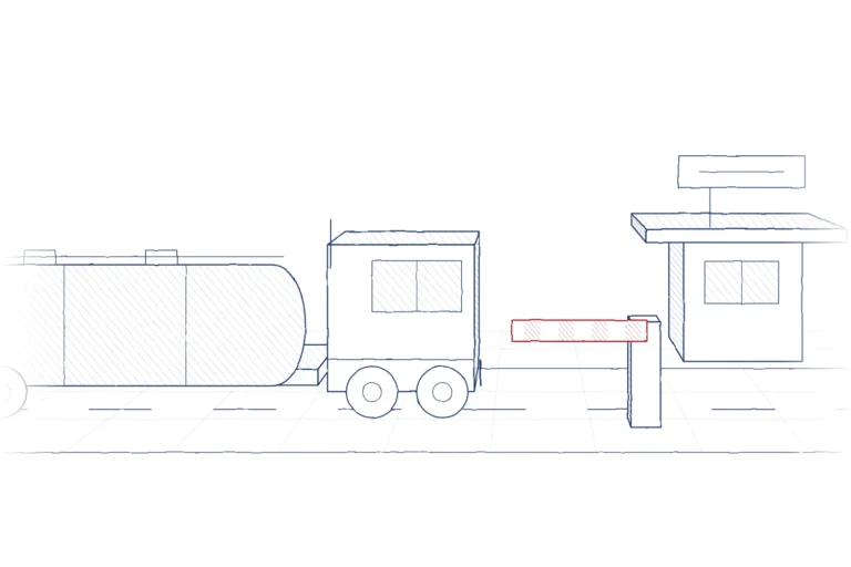 Pencil drawing: tanker truck in front of a customs barrier